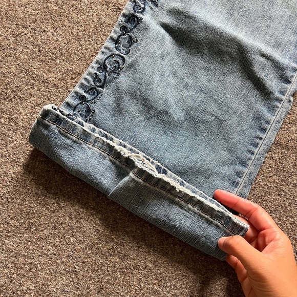 Vintage COS Jeans Blue Light Wash Flared Denim Rhinestone Embroidered Size 10 - Picture 7 of 16